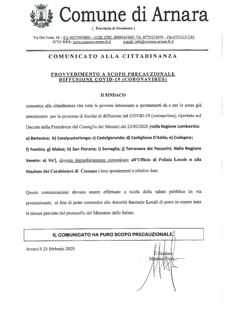 PROVVEDIMENTO A SCOPO PRECAUZIONALE DIFFUSIONE COVID-19 (CORONAVIRUS).